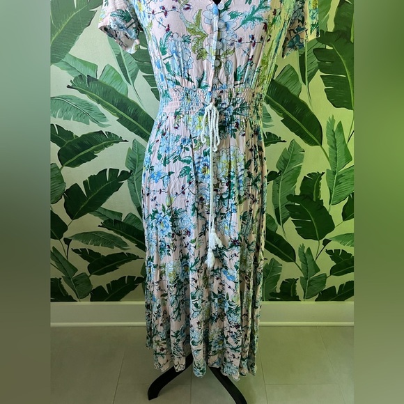 Boutique Pink Floral Midi Dress Button Up Split Summer Boho Long Beach Dress M - Picture 6 of 10